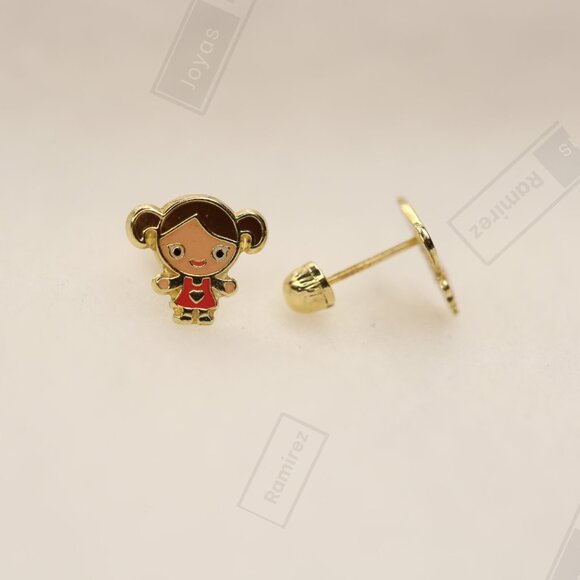Enamel Girl Stud Earrings For Kids In Solid 14K Gold • Jewelry For Girls. - Picture 11 of 15